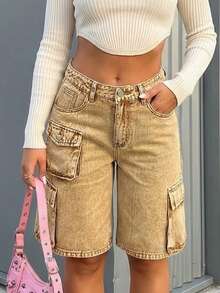 Women's Solid Color Minimalist Casual Cargo Wide Leg Denim Shorts - Brown - View 5