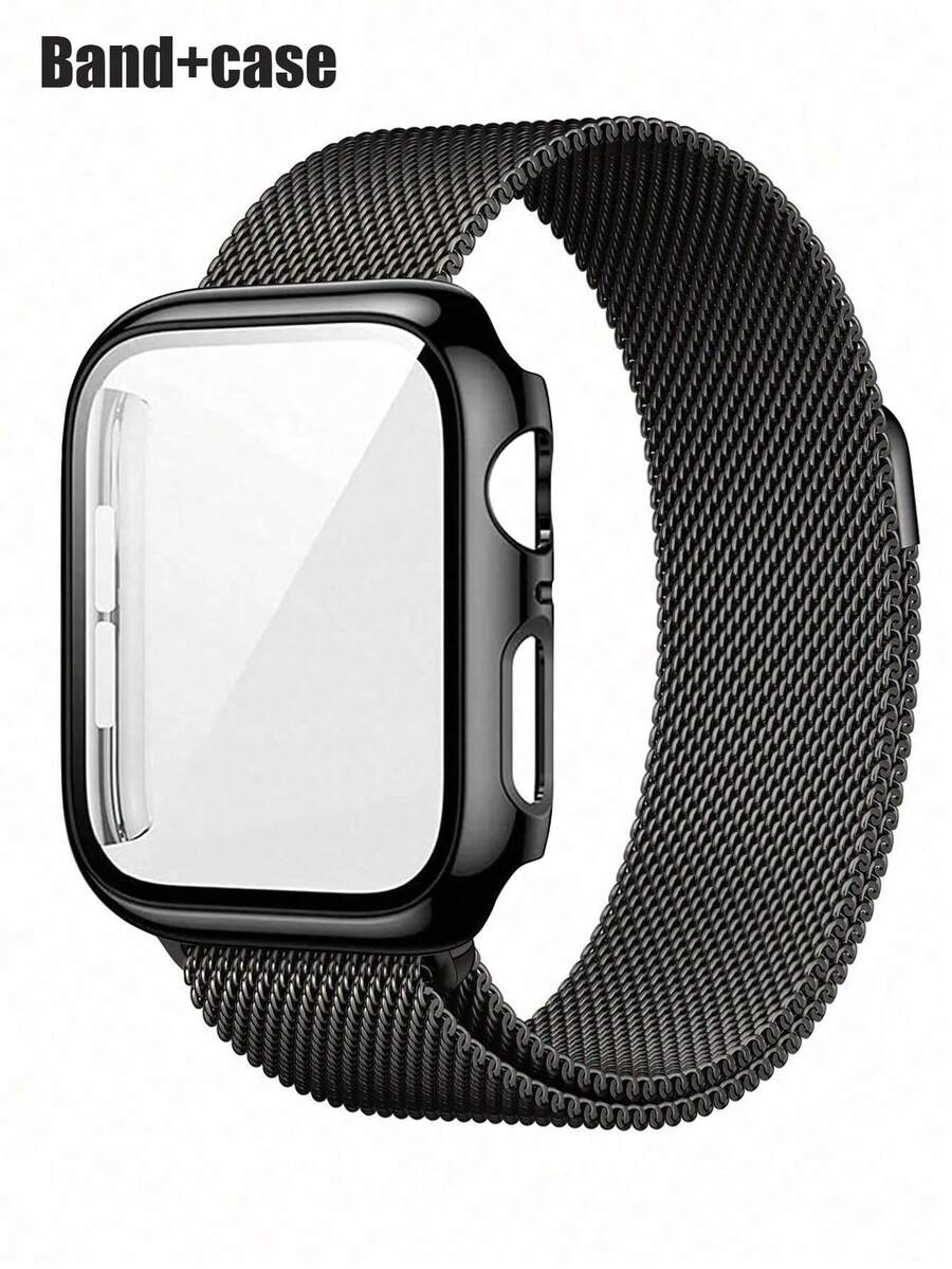 1 Set Fashion Mag Milanese Loop Strap & Case With Double Row Crystals, All-In-One Protective Cover Compatible With Apple Watch 38mm 40mm 41mm 45mm 44mm 42mm 46mm 49mm, Breathable, Scratch-Resistant, Waterproof, Shockproof, For Women And Men - Black - View 1