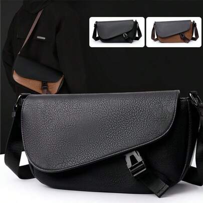 New Solid Black/Black & Khaki Retro Minimalist Fashion PU Leather Men's Crossbody Bag, Street Style Flap Shoulder Bag, Business Commuter Messenger Bag, Lightweight & Portable, Adjustable Strap, Multi-Pockets & Compartments, Fits Phone, Power Bank, Cards, Suitable For Work, Outdoor, Travel, Gift For Men, Husband, Boyfriend, Holiday, Valentine's Day, Christmas