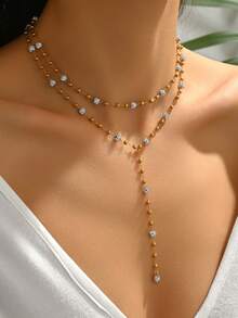 两件套优雅圆形串珠项链，不锈钢材质，镶嵌立方氧化锆，女士锁骨链和Y形项链，适合女士日常佩戴、派对佩戴或夏季海滩佩戴，完美礼物 - 金色 - 查看 1