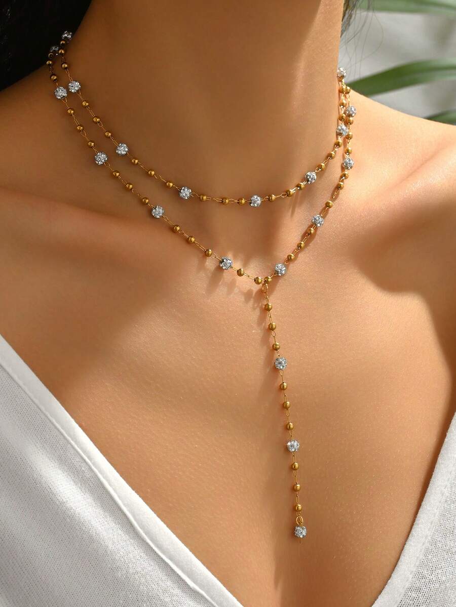 两件套优雅圆形串珠项链，不锈钢材质，镶嵌立方氧化锆，女士锁骨链和Y形项链，适合女士日常佩戴、派对佩戴或夏季海滩佩戴，完美礼物 - 金色 - 查看 1