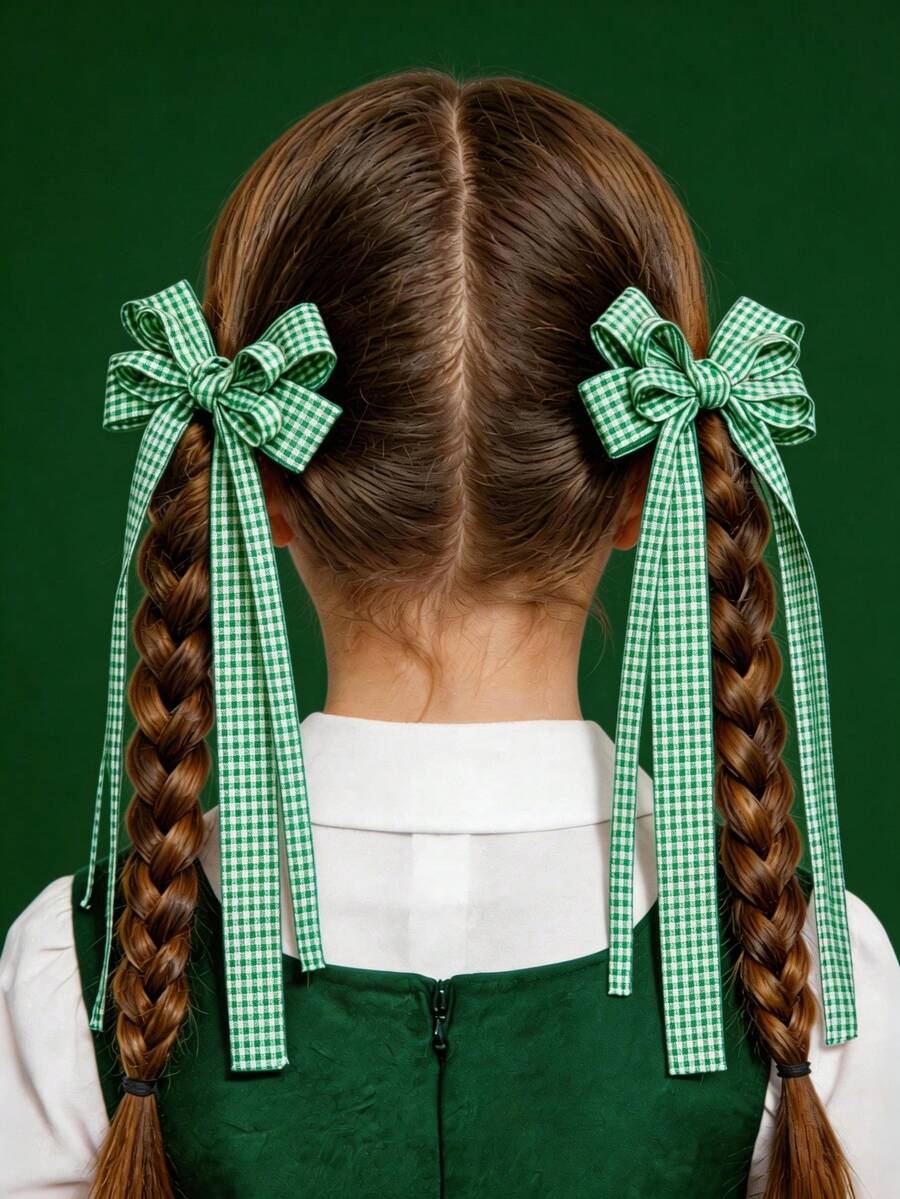 2pcs Back To School Plaid Bow Ribbon Hair Clips, Suitable For Daily Use - Dark Green - View 1