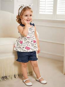 3件套女婴夏季可爱恐龙印花背带连体衣、短裤和发带套装 - 彩色 - 查看 9