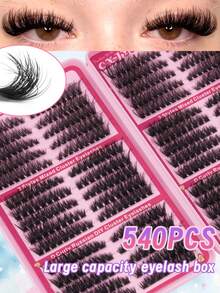 540片装 D型卷翘假睫毛，高容量套装，单根睫毛簇，DIY狐狸眼/猫眼妆分段式假睫毛，浓密卷翘，柔软浓密，适合旅行、舞台、婚礼、户外、日常工作、音乐派对等场合使用。 - 查看 2