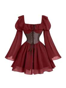 Robe médiévale à manches bouffantes, nouvelle robe de cosplay pour femme, jupe vintage ajustée avec cordon de serrage pour Halloween. - Noir - Voir 6