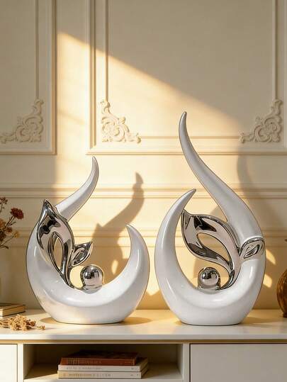 Moderne weiße & silberne abstrakte Skulptur, elegante & metallische Heimdekoration Mittelstücke, minimalistische Kunststatuen für Wohnzimmer, TV-Ständer, Regal, Bürotisch, Eingangsbereich, ideales Einweihungs- & Hochzeitsgeschenk, zeitgenössischer Akzent für Schlafzimmer & Esstisch