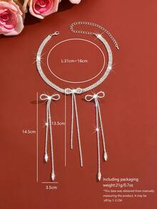 一套首饰（项链+耳环），闪亮蝴蝶结水晶流苏项链套装，镀银材质，适合晚宴、情人节礼物 - 銀色 - 查看 6