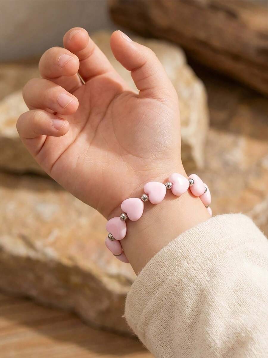 1条甜美粉色心形串珠手链，适合女孩夏季海滩度假户外日常佩戴，可作首饰配饰或礼物。 - 粉色 - 查看 1