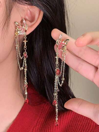 2件套时尚优雅甜美镂空蝴蝶耳环，配链条，十字星水滴流苏吊坠耳环，金属多色吊坠耳环，适合女性日常、派对、节日、约会佩戴，节日礼物，珠宝礼品