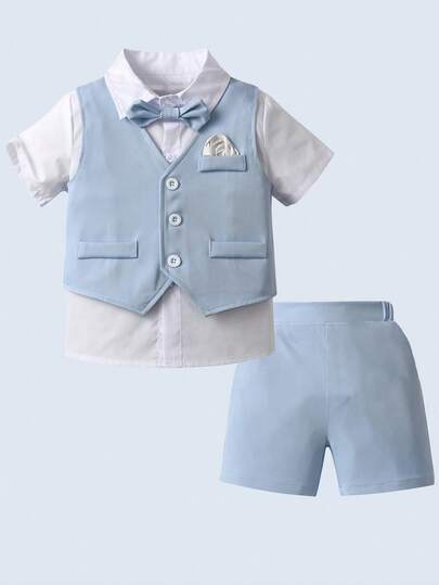 BOARNSEORL 3 pièces Tenue de jeune garçon de type gentleman - Chemise à manches courtes avec nœud papillon, short bleu et gilet, élégante et stylée pour anniversaire, mariage, anniversaire, baptême