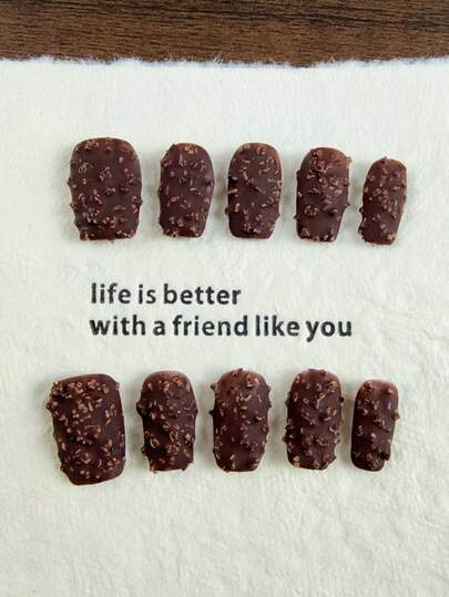 10pcs High-End Simple And Elegant Style, Hand-Painted Chocolate Texture, Casual Short Style Handmade Fake Nails, Ideal For Spring And Summer Vacation Trips, With A Chocolate Ice Cream Vibe, And Nail Stickers For The Pool Party