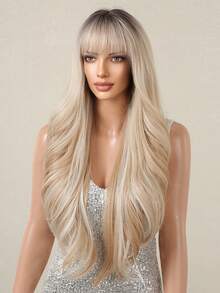 Ombre Flax Gold Long Straight Synthetic Wigs For Women Natural Wave Platinum Blonde Highlight Wigs With Bangs Heat Resistant Cosplay Hair - Multicolor - View 5