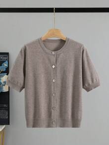 Áo khoác cardigan dệt kim tay ngắn thoải mái, mềm mại dành cho nữ, thích hợp cho mùa xuân/hè. - Màu Khaki - Xem 4