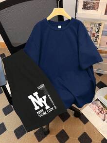 2pcs/Set Casual Outfit For Teenage Boys, City Graphic T-Shirt And Shorts, Suitable For Sports/Summer - Navy Blue - View 2