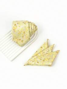 Bộ cà vạt họa tiết hoa màu xanh cổ điển 7cm, khăn cài túi kiểu retro, điểm nhấn của phong cách vintage, phù hợp cho tiệc chiêu đãi, đám cưới, trang phục công sở trang trọng. - Màu vàng - Xem 4