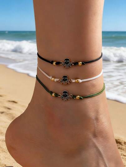 Set de 3 piezas de tobilleras ajustables con forma de pulpo tejidas a mano de colores azul y negro, adecuadas para la playa, fiestas y uso casual