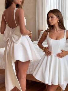 2026 Hot Selling Solid Color Casual Elegant Backless Bow Mini Dress, Suitable For Valentine's Day, Wedding, White Dress, Summer Dress, Party Dress, Summer Holiday Outfits, Vacation Outfits For Women. - 白色 - 查看 11