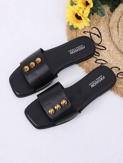 Women's Flat Sandals, Comfortable Minimalist Design Suitable For Vacation, Beach, Home, Daily Wear, Plus Size Slip-On Sandals, Spring/Summer New Black Square Toe Flat Sandals, Fashion Sandals, Summer Beach Non-Slip Slip-On Slippers
