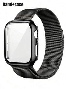 1 Set Fashion Mag Milanese Loop Strap & Case With Double Row Crystals, All-In-One Protective Cover Compatible With Apple Watch 38mm 40mm 41mm 45mm 44mm 42mm 46mm 49mm, Breathable, Scratch-Resistant, Waterproof, Shockproof, For Women And Men - Black - View 11