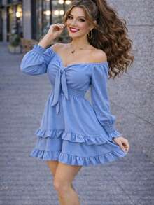 SHORT DRESS WITH LONG SLEEVES AND SPRING, COUNTRY STYLE, DOUBLE Ruffle, CEY FABRIC. MOD. ELSIE - Blue - View 2