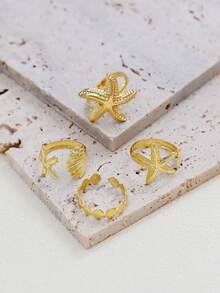 4pcs/Set Creative Starfish & Shell Design Adjustable Rings, Multi-Layer Stacking Rings, Elegant Beach Vacation Jewelry Accessories, Suitable For Summer Beach Party, Vacation, Bikini Outfit - Ideal Holiday Gift For Women - Yellow Gold - View 2