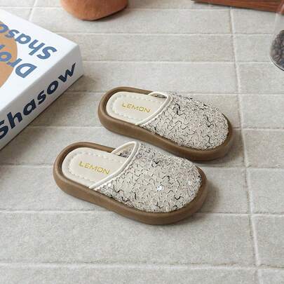 Summer New Style 2026 1 Pair For 3-12 Years Old Girls, Beige Tweed & Sequin, PU Leather Anti-Slip & Wear-Resistant, Slip-On Closed-Toe Round-Toe Thick Sole, Mule Slippers, For Daily Casual School & Parties