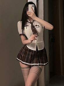 Conjunto de lencería sexy, uniforme sexy de estudiante, disfraz de uniforme inocente de JK - Marrón - Ver 5