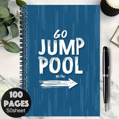 1pc Blue Fresh "GO JUMP POOL" Spiral Notebook, 100 Pages 50 Sheets, Helpful For Work And Study, Suitable As Graduation/Birthday Gift, For Diary Writing, Daily Planning, And Memo