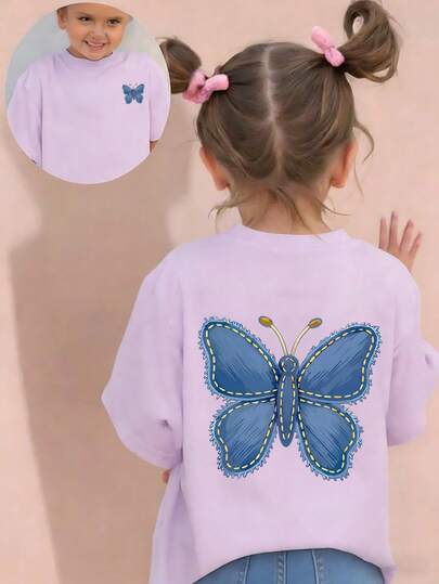 Young Girl Casual Graphic Print Crew Neck Short Sleeve T-Shirt, Summer Top