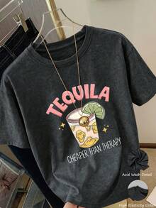 Camiseta de mujer casual y suelta de manga corta con efecto lavado, con estampado gráfico del número 84, camiseta deportiva vintage, inspirada en el estética y el s(only 1 Camiseta) - Negro - Ver 7