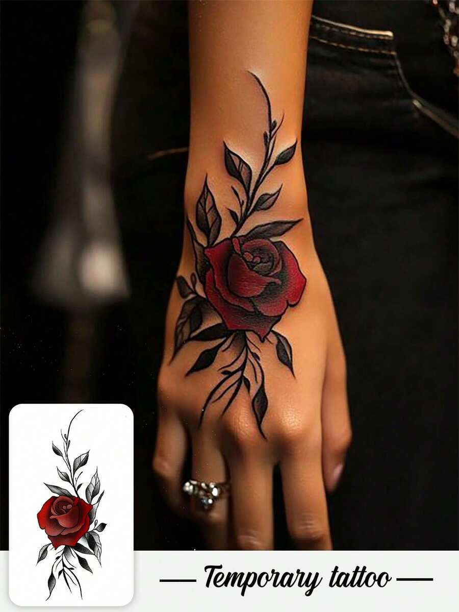 1 Piece Of Tattoo Sticker Temporary Tattoo Sticker, Pure Royal Wind Warm Red Rose Flower Pattern Waterproof And Sweatproof Washable Non-Reflective Arm And Shoulder Simulation Tattoo Suitable For Fashionable People And Can Last 3-5 Days - Multicolor - View 1