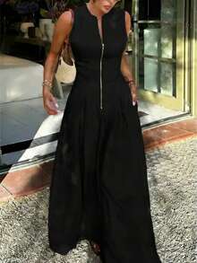 Plus Size Women Solid Color Zipper Front Sleeveless Casual Dress Black Elegant Summer - Black - View 7