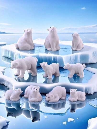 8pcs Mini Polar Bear Figurines, Handmade Resin Realistic Miniature Wild Animals, Suitable For Your Garden, Lawn Or Desk, Including Glacier And Ice House, Home Collectibles, DIY Aquarium Landscape Decor/Holiday Decor, Bonsai Ornaments, Garden Decor, Room Decor, Easter, Miniature Model