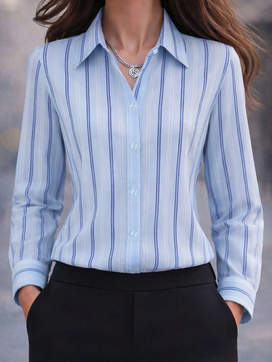 女士时尚简约条纹翻领衬衫，通勤职场优雅修身春季衬衫 - 藍色 - 查看 1
