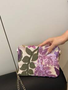 复古紫色花卉刺绣亮片女士单肩包，信封式独特设计链条斜挎包，温柔优雅百搭单肩包，新款中国风氛围手拿包 - 紫色 - 查看 4