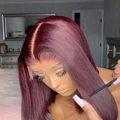 200% Density Straight Brazilian Virgin 13*4 Human Hair Lace Front Wigs Around Baby Hair - Pre-Plucked Natural Hairline Pre Pulling Lace Frontal Wigs - HD Transparent Real Hair Middle Part Wigs Frontal Glueless - Put On And Go #99J BUG Wine Red Burgundy Color Pre Cutting Human Hair Wigs Glueless Easily To Wear Weaves Wigs For Women