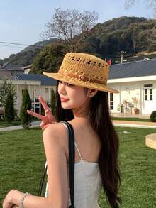 1件女款波希米亞時尚鏤空鉤編聚酯纖維草帽，英式風格腰帶扣設計，透氣度假遮陽帽，適合日常戶外使用（帽圍約22.4英吋/57公分） - 彩色 - 查看 12