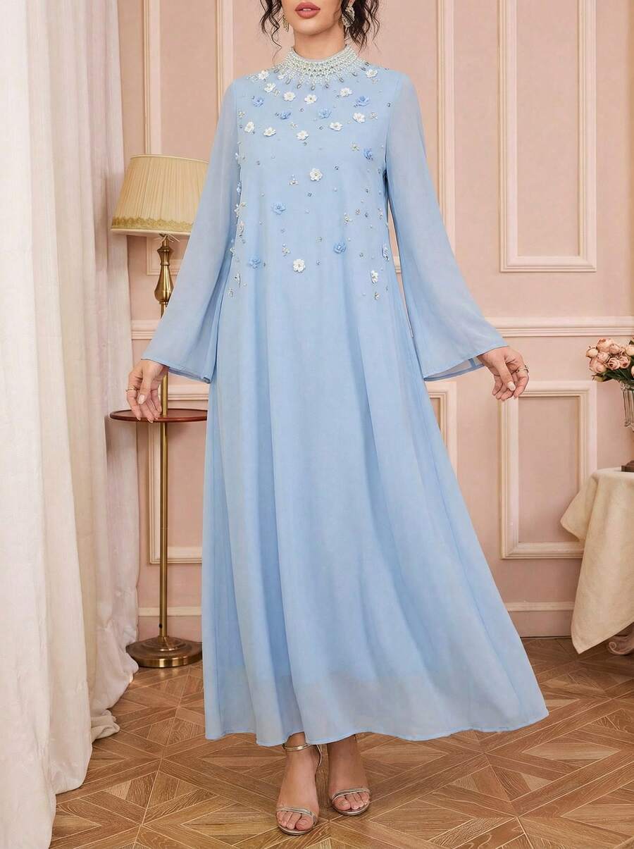 Solessence Elegant Long Sleeve Arabic Dress, Decorated With Pearl And 3D Rose Beaded Stand Collar, Woven Fabric - Sky Blue - View 1