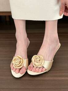 Pink Rose Pointed Satin Flower Mule High Heel Sandals For Women, Summer - Apricot - View 5