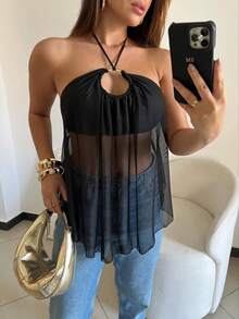 Women's Black Tank Top With Halter Neckline, Sheer Overlay And Asymmetrical Flared Hem, Sleeveless, In Polyester. - Black - View 2