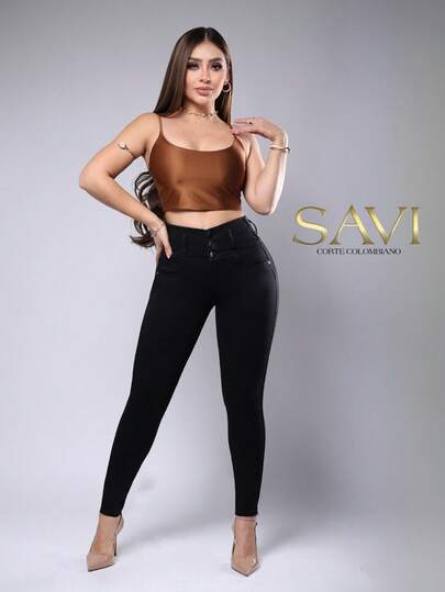 SAVIJEANS Jeans Skinny Negro Tiro Alto N4690 Cintura Ancha Moldeadora -SAVI JEANS Hecho En México -