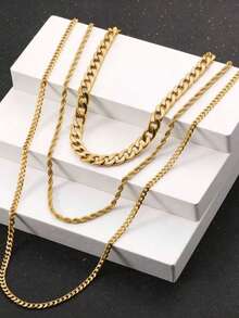 3pcs Fashionable Minimalist Men's Stainless Steel Personalized Chain Necklaces - Yellow Gold - View 2