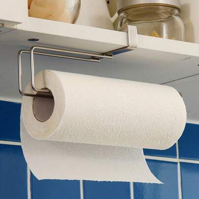 1pc Stainless Steel Roller Paper Holder, Traceless Punch Free Kitchen Paper Holder For Towels Dishcloths, Stainless Steel Material, Kitchen Bathroom Storage Style, Roller Holder Pattern, Wall Mounted Paper Towel Rack, Design For Easy Install