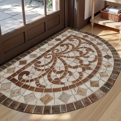 A Large Semicircular Door Mat - Non-Slip Indoor/Outdoor Entrance Mat, Durable Polyester Fiber Front Door And Patio Mat, Home Decor - Easy To Clean, Floral Pattern, Sturdy Construction, Decorative Carpet, Indoor Decoration