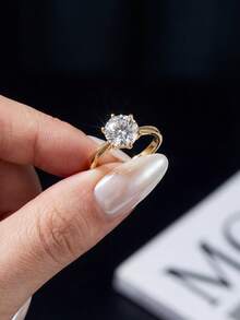 1 Chiếc nhẫn bạc S925 cổ điển 6 chấu đính kim cương tròn Moissanite 1CT dành cho nữ, thích hợp làm nhẫn cưới, nhẫn đính hôn, nhẫn kỷ niệm, nhẫn dự tiệc, quà tặng ngày Valentine. - Vàng - Xem 2