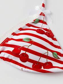 Women's Striped Bikini Set Summer Fashionable Cherry Print Halter Neck Bra With Bottom 2Pcs Bathing Suit - Red - View 8