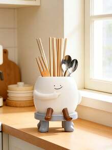 Cute Sitting Egg Utensil Holder – Resin Kitchen Storage Organizer For Cooking Utensils & Brushes | Playful Character Design Crock For Countertop & Vanity | Weather Resistant Durable Decor For Kitchen & Dining Utensil Holder, Kitchen Organizer, Chopstick Storage, Brush Holder - Multicolor - View 7