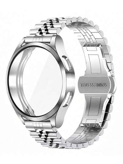 1pc Luxury Silver Stainless Steel Watch Band & PC Protective Case Set Compatible With Samsung Galaxy Watch 7/6/5/4, Elegant Metal Jubilee Bracelet Strap Compatible With Samsung Galaxy Watch 40mm/44mm, Bumper Frame Cover, Fashion Jewelry Smartwatch Accessories For Women Men, Suitable For Daily Wear & Sports Fitness, Christmas Gifts,Birthday Gifts,Back To School Gifts,Holiday Gifts, Replacement Watch Strap