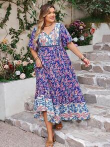 Plus Size Bohemian Style Floral V-Neck Dress, Patchwork Retro Printed Long Dress, Suitable For Vacation And Photo Shooting Elegant Summer - Blue - View 6