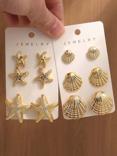 Set de 6-12 piezas de pendientes elegantes con conchas marinas, estrellas de mar y diseños geométricos de metal, accesorios de joyería adecuados para uso diario para mujeres